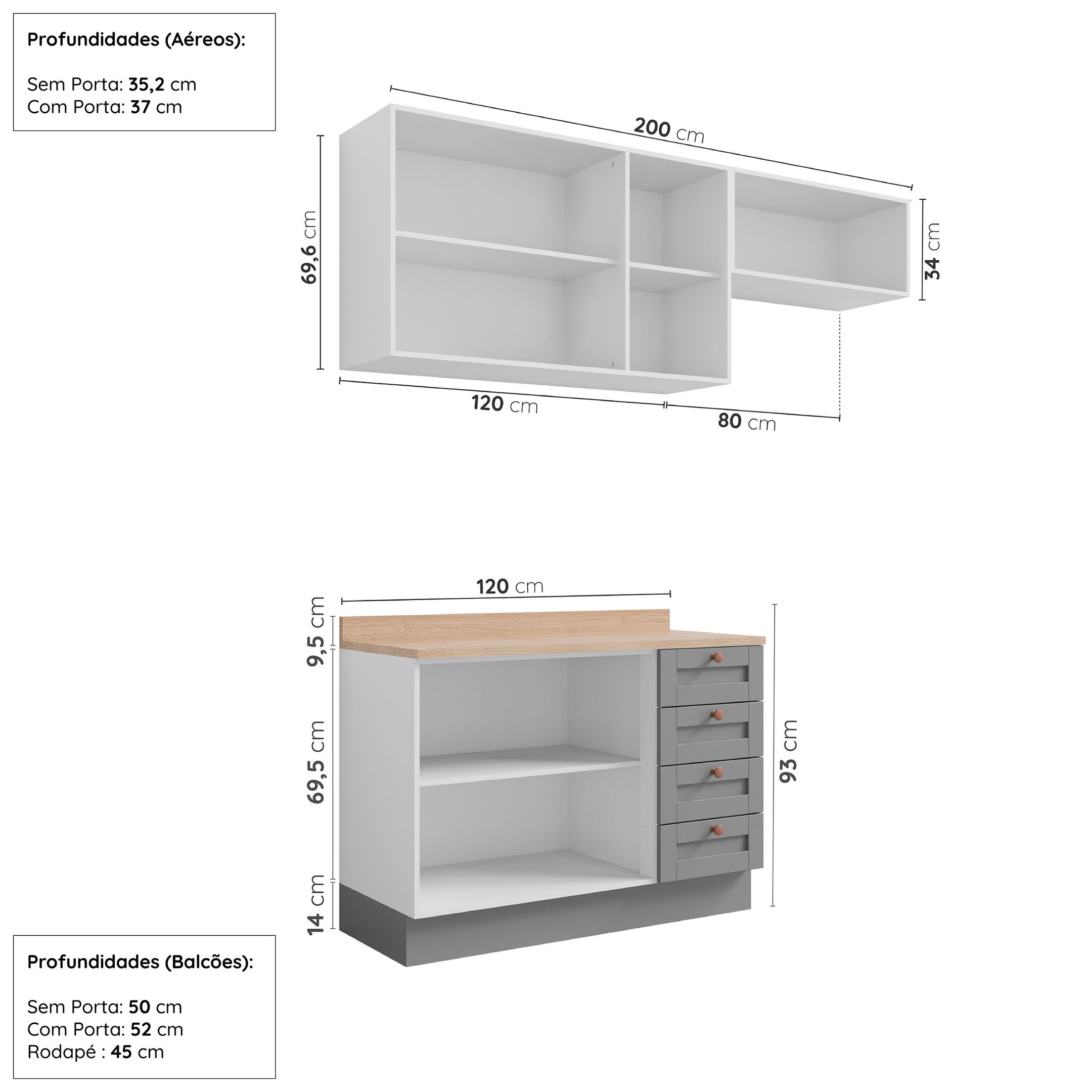 Cozinha Modulada 3 Peças com Tampo 2 Aéreos 1 Balcão Arizona CabeCasa MadeiraMadeira - 4