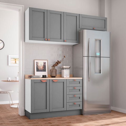 Cozinha Modulada 3 Peças com Tampo 2 Aéreos 1 Balcão CabeCasa MadeiraOriginals Cinza/Branco