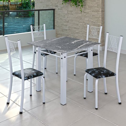 Conjunto de Jantar Mesa 70x70cm Tampo de Granito Topázio com 4 Cadeiras Sara Yescasa Branco/Preto Floral