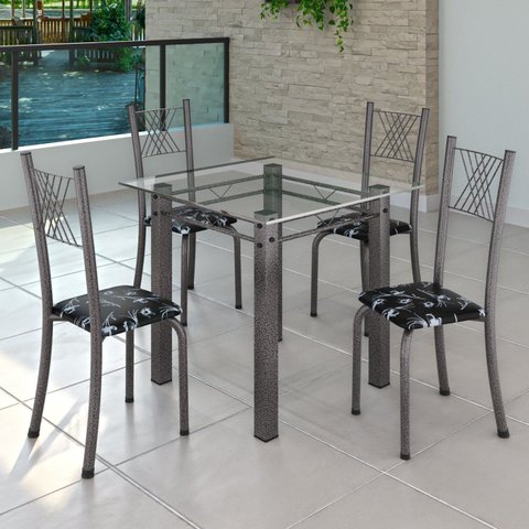 Conjunto de Jantar Mesa 75x75cm Tampo de Vidro Incolor com 4 Cadeiras Sara Yescasa Prata/Preto Floral/Mart