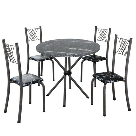 Conjunto de Jantar Mesa Tampo Redondo de Granito Topázio com 4 Cadeiras Sara Yescasa Prata/Preto Floral/Mart