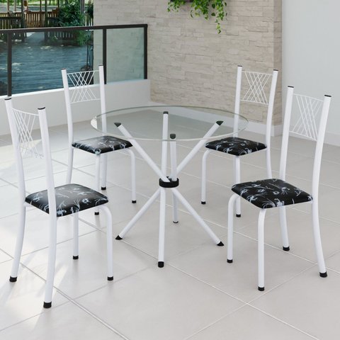 Conjunto de Jantar Mesa Tampo Redondo de Vidro Incolor com 4 Cadeiras Sara Yescasa Branco/Preto Floral
