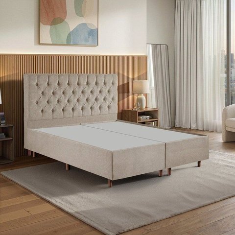 Kit Cama Box Queen e Cabeceira Estofada Linho Bege Realeza Espresso Móveis