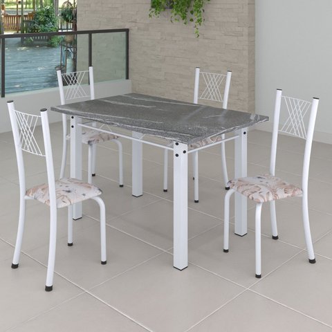 Conjunto de Jantar Mesa 120x75cm Tampo de Granito Topázio com 4 Cadeiras Sara Yescasa Branco/Botanic Bege