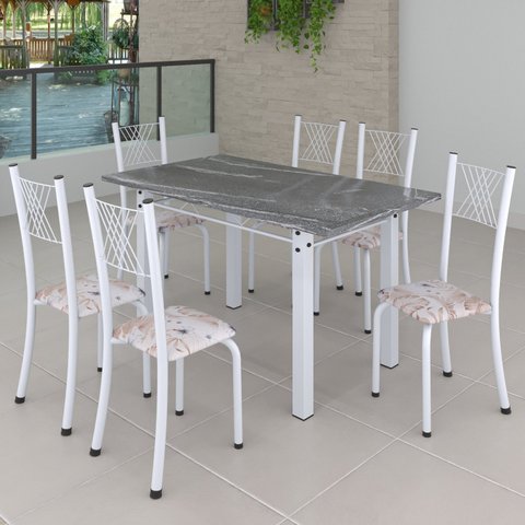 Conjunto de Jantar Mesa 140x75cm Tampo de Granito Topázio com 6 Cadeiras Sara Yescasa Branco/Botanic Bege