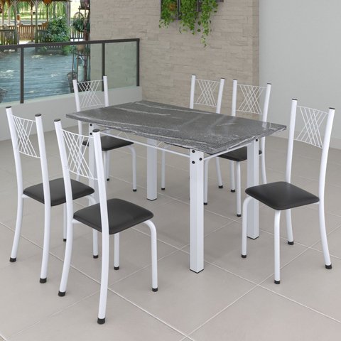Conjunto de Jantar Mesa 140x75cm Tampo de Granito Topázio com 6 Cadeiras Sara Yescasa Branco/Preto Liso