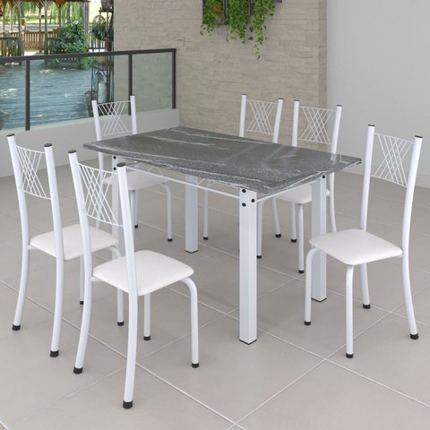 Conjunto de Jantar Mesa 140x75cm Tampo de Granito Topázio com 6 Cadeiras Sara Yescasa Branco/Liso