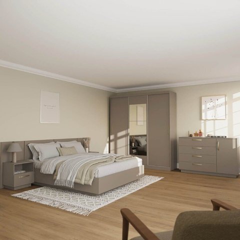 Kit Guarda Roupas 3 Portas, Cama Queen e Complementos de Quarto Araçá CabeCasa MadeiraOriginals Cinza/Fendi