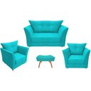 Ver imagem 1 de Kit Namoradeira + 2 Poltronas Decorativa Isis + 1 Puff Retangular Suede Azul Tifany Pés Madeira Ms D
