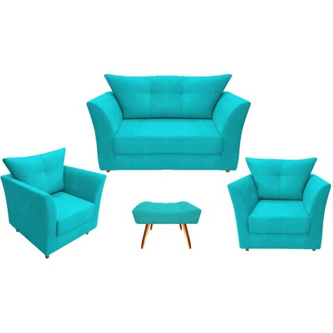 Kit Namoradeira + 2 Poltronas Decorativa Isis + 1 Puff Retangular Suede Azul Tifany Pés Madeira Ms D
