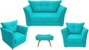 Ver imagem 1 de Kit Namoradeira + 2 Poltronas Decorativa Isis + 1 Puff Retangular Suede Azul Tifany Pés Madeira Ms D