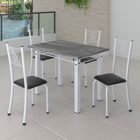 Conjunto de Jantar Mesa 100x60cm Tampo de Granito Topázio com 4 Cadeiras Sara Yescasa Branco/Preto Liso