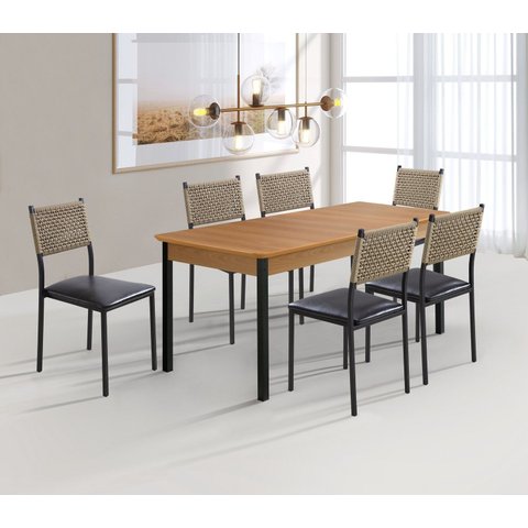 Cojunto Sala de Jantar Bali 1600x900 c/6 Cad 3500 - Courino Preto/Náutica Bege Tampo BP Proa