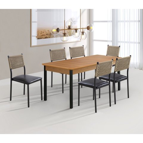 Cojunto Sala de Jantar Bali 1600x900 c/6 Cad 3500 - Courino Preto/Náutica Bege Tampo BP Proa