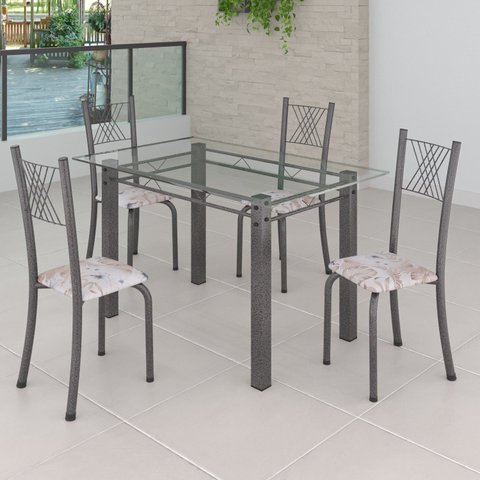 Conjunto de Jantar Mesa 120x75cm Tampo de Vidro Incolor com 4 Cadeiras Sara Yescasa Prata/Botanic Bege/Mart