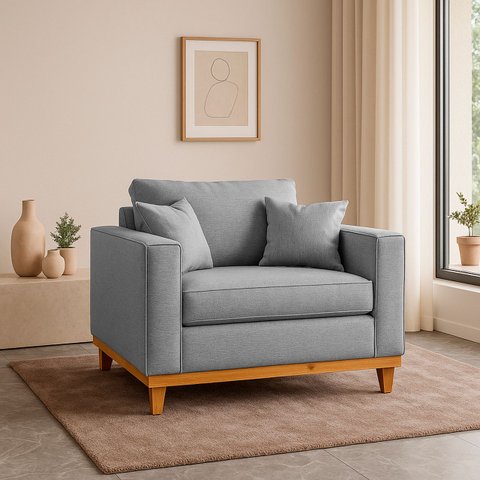 Poltrona Sofa Benny Linho Cinza com Almofada Base de Madeira Castanho - Arkell