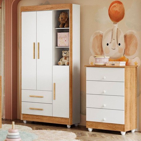 Quarto de Bebê Guarda Roupa 3 Portas e Cômoda 100% MDF Nina