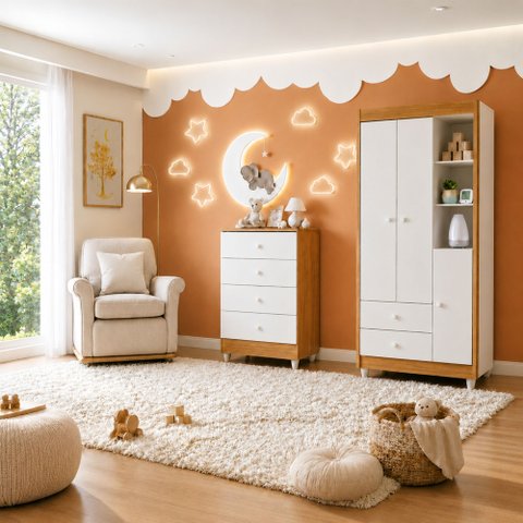 Quarto de Bebê Guarda Roupa 3 Portas e Cômoda 100% MDF Nina