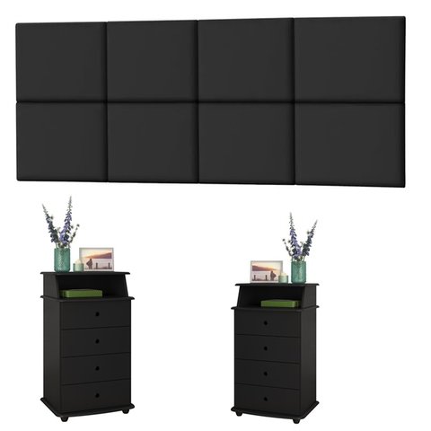 Conjunto Cabeceira Painel Paris 1,40 Lisa com Mesas de Cabeceira Luxo Ii Preto - Rede Móveis