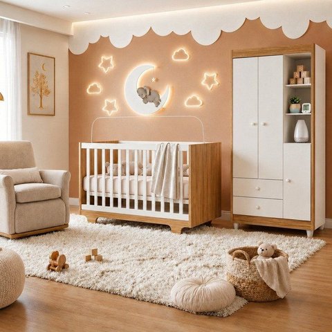 Quarto de Bebê Guarda Roupa 3 Portas e Berço Mini Cama 100% MDF Nina
