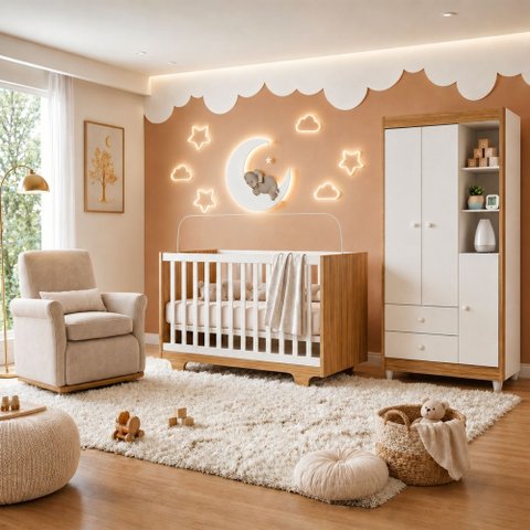 Quarto de Bebê Guarda Roupa 3 Portas e Berço Mini Cama 100% MDF Nina
