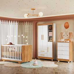 Quarto de Bebê Cômoda Berço e Guarda Roupa com Colchão Nina - 1 Quarto de Bebê Cômoda Berço e Guarda Roupa com Colchão Nina - 1