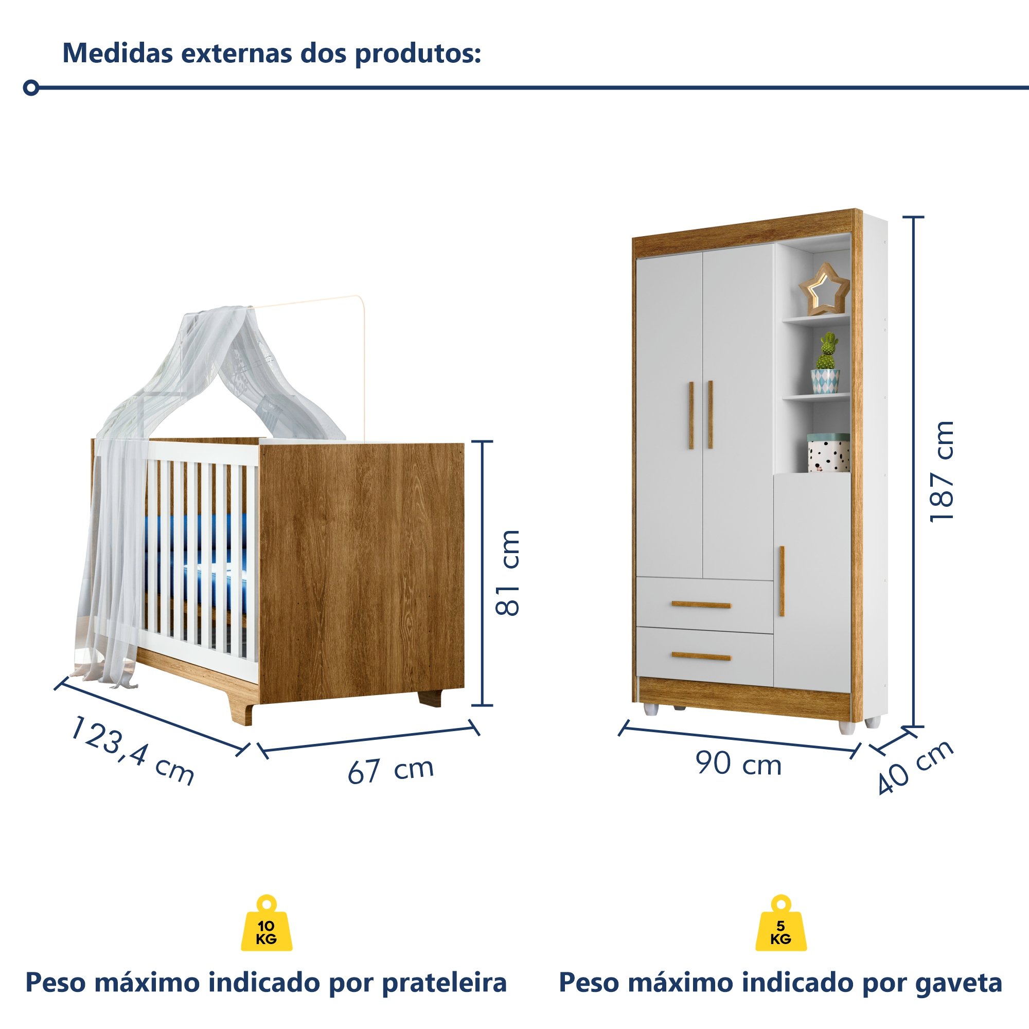 Quarto de Bebê Guarda Roupa 3 Portas e Berço Mini Cama 100% MDF com Colchão Nina  - 14