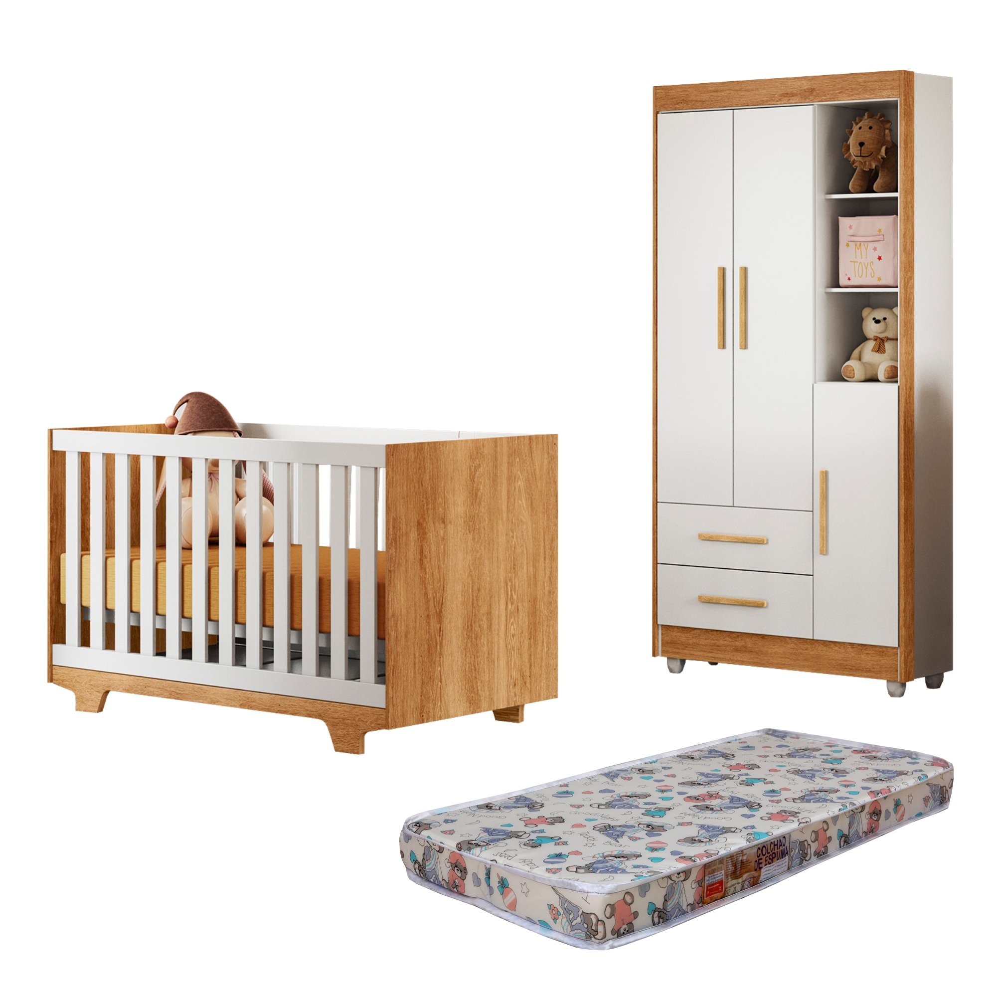 Quarto de Bebê Guarda Roupa 3 Portas e Berço Mini Cama 100% MDF com Colchão Nina  - 20