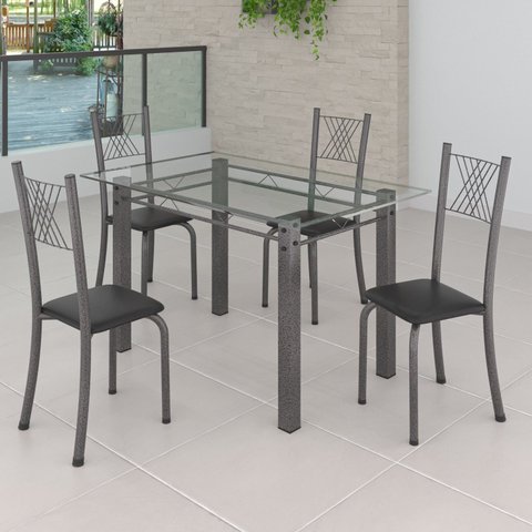 Conjunto de Jantar Mesa 120x75cm Tampo de Vidro Incolor com 4 Cadeiras Sara Yescasa Prata/Preto Liso/Mart