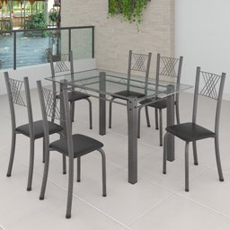 Conjunto de Jantar Mesa 140x75cm Tampo de Vidro Incolor com 6 Cadeiras Sara Yescasa - 1