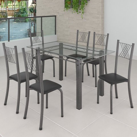 Conjunto de Jantar Mesa 140x75cm Tampo de Vidro Incolor com 6 Cadeiras Sara Yescasa Prata/Preto Liso/Mart
