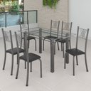Ver imagem 1 de Conjunto de Jantar Mesa 140x75cm Tampo de Vidro Incolor com 6 Cadeiras Sara Yescasa Prata/Preto Liso/Mart