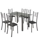 Ver imagem 2 de Conjunto de Jantar Mesa 140x75cm Tampo de Vidro Incolor com 6 Cadeiras Sara Yescasa Prata/Preto Liso/Mart