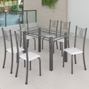 Ver imagem 1 de Conjunto de Jantar Mesa 140x75cm Tampo de Vidro Incolor com 6 Cadeiras Sara Yescasa Prata/Branco Liso/Mart