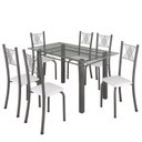 Ver imagem 2 de Conjunto de Jantar Mesa 140x75cm Tampo de Vidro Incolor com 6 Cadeiras Sara Yescasa Prata/Branco Liso/Mart