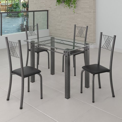 Conjunto de Jantar Mesa 100x60cm Tampo de Vidro Incolor com 4 Cadeiras Sara Yescasa Prata/Preto Liso/Mart