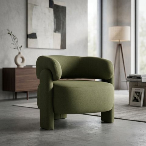 Poltrona Curva Orgânica Moderna Linho Verde Oliva Linha Premium Sala Quarto Recepção Escritório Prem