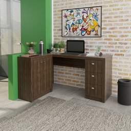 Mesa para Escritório em L com 3 Gavetas e Armários Me4100  - 2