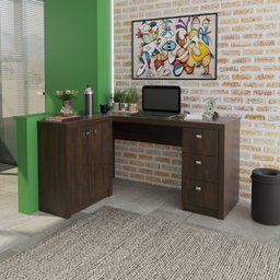 Mesa para Escritório em L com 3 Gavetas e Armários Me4100  - 2