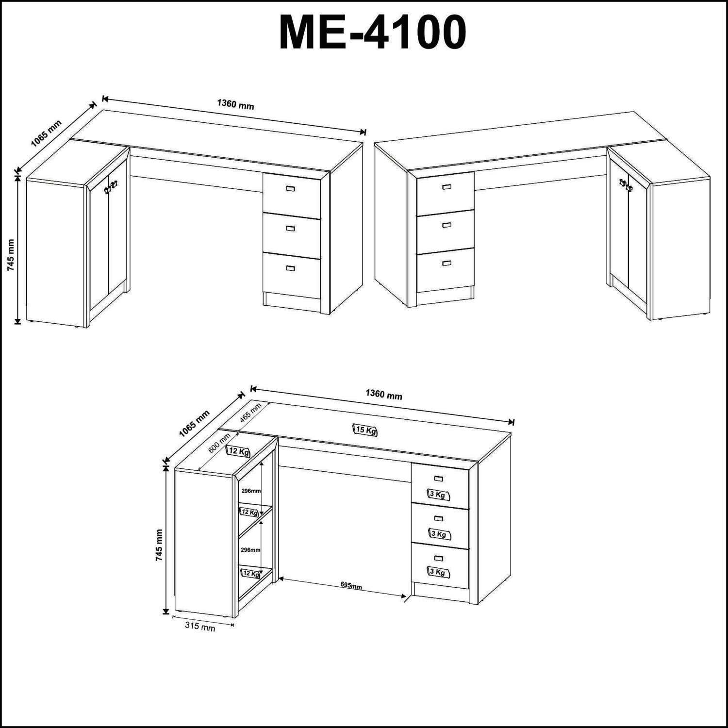 Mesa para Escritório em L com 3 Gavetas e Armários Me4100  - 6