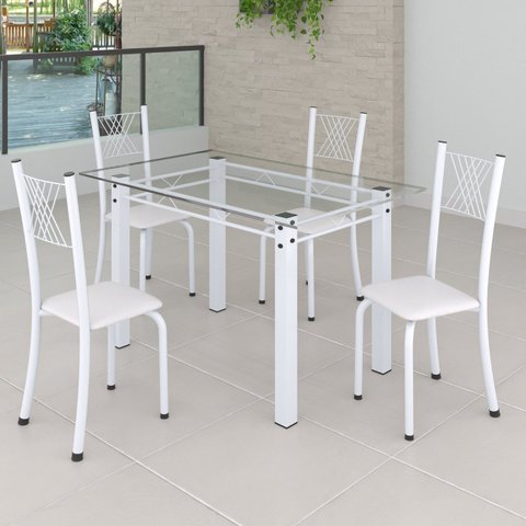 Conjunto de Jantar Mesa 120x75cm Tampo de Vidro Incolor com 4 Cadeiras Sara Yescasa Branco/Liso