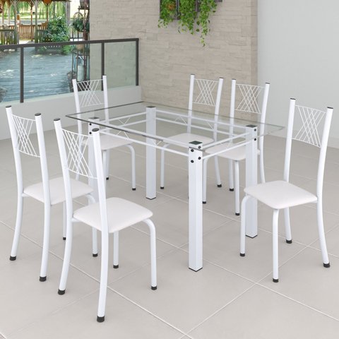 Conjunto de Jantar Mesa 140x75cm Tampo de Vidro Incolor com 6 Cadeiras Sara Yescasa Branco/Liso