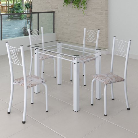 Conjunto de Jantar Mesa 100x60cm Tampo de Vidro Incolor com 4 Cadeiras Sara Yescasa Branco/Botanic Bege