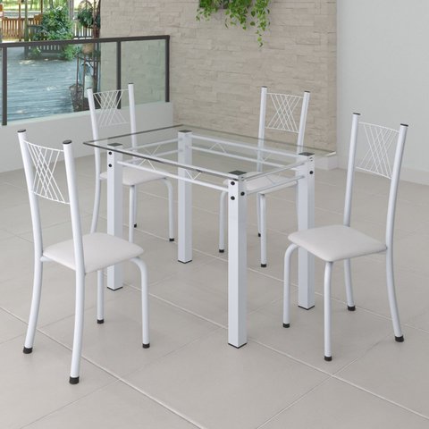 Conjunto de Jantar Mesa 100x60cm Tampo de Vidro Incolor com 4 Cadeiras Sara Yescasa Branco/Liso