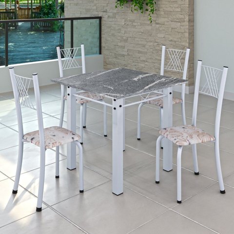 Conjunto de Jantar Mesa 70x70cm Tampo de Granito Topázio com 4 Cadeiras Sara Yescasa Branco/Botanic Bege