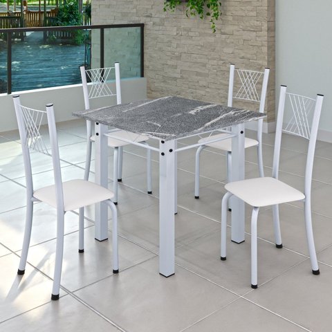 Conjunto de Jantar Mesa 70x70cm Tampo de Granito Topázio com 4 Cadeiras Sara Yescasa Branco/Liso