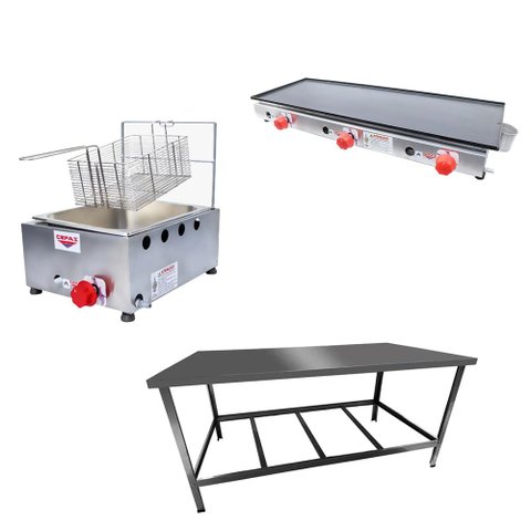 Kit Lanchonete Mesa de Manipulação 120x55cm + Fritadeira a Gás 1 Cuba + Chapa a Gás 90cm