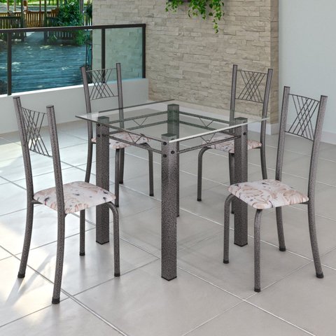 Conjunto de Jantar Mesa 75x75cm Tampo de Vidro Incolor com 4 Cadeiras Sara Yescasa Prata/Botanic Bege/Mart