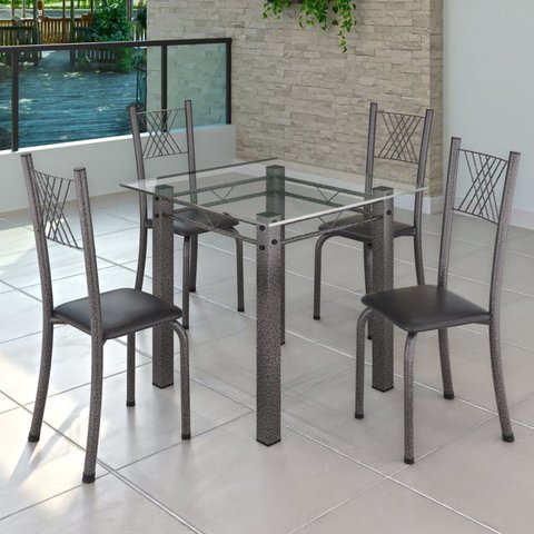 Conjunto de Jantar Mesa 75x75cm Tampo de Vidro Incolor com 4 Cadeiras Sara Yescasa Prata/Preto Liso/Mart