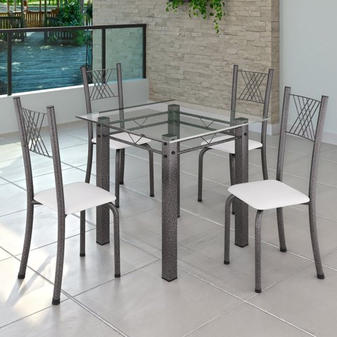 Conjunto de Jantar Mesa 75x75cm Tampo de Vidro Incolor com 4 Cadeiras Sara Yescasa Prata/Branco Liso/Mart